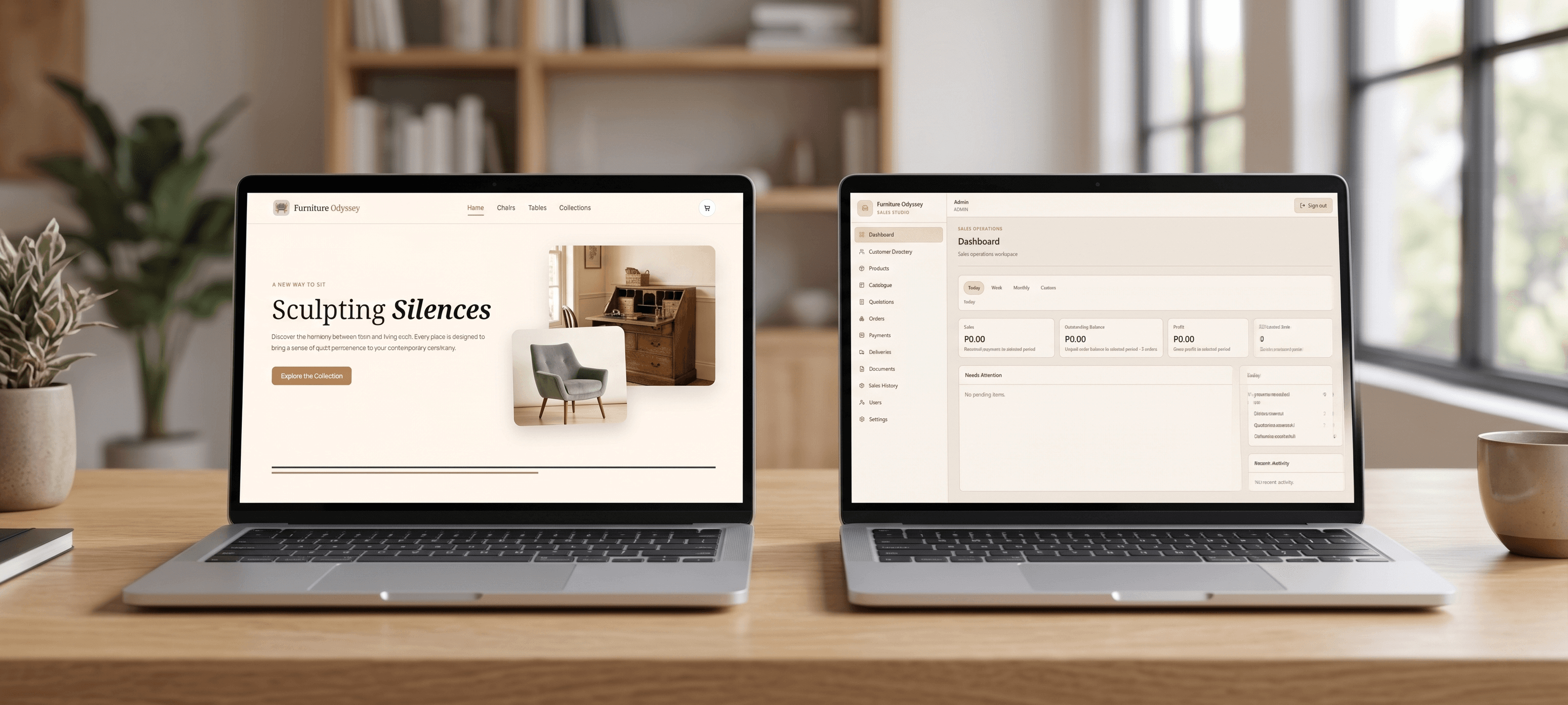 Furniture Odyssey catalog website and POS dashboard overview