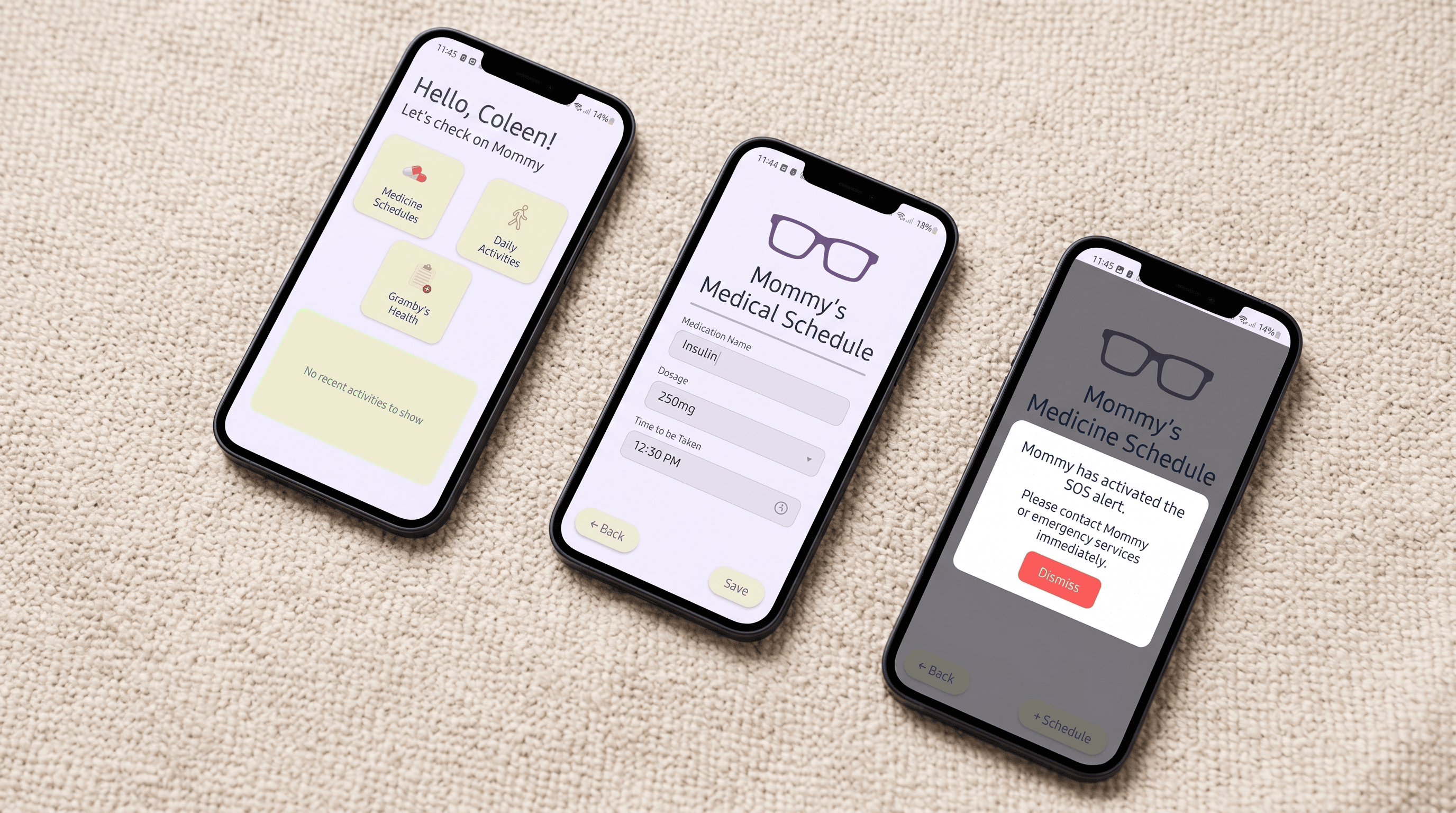 Kamusta Gramby caretaker screens — medication management, activity monitoring, and alerts