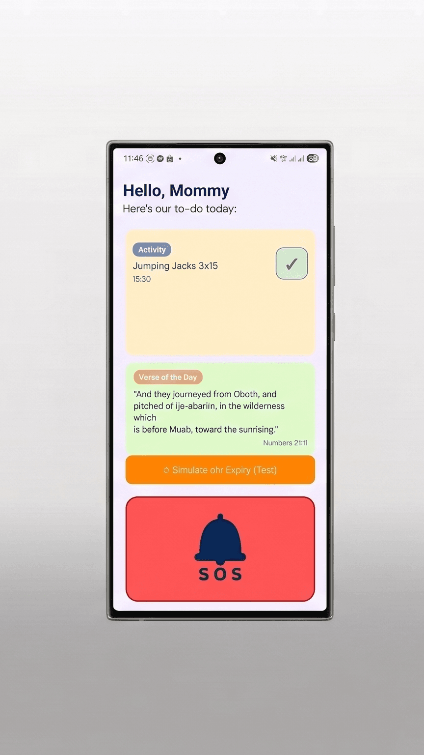 Kamusta Gramby care recipient screens — daily check-in, medication reminders, and SOS