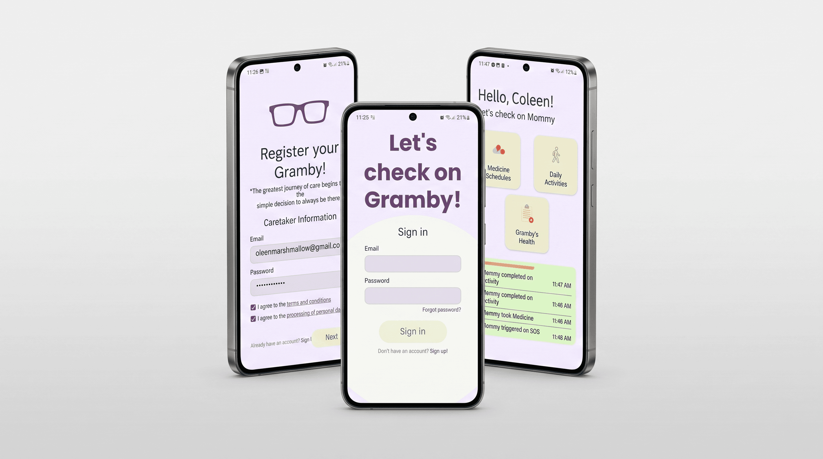 Kamusta Gramby app overview showing caretaker and care recipient screens