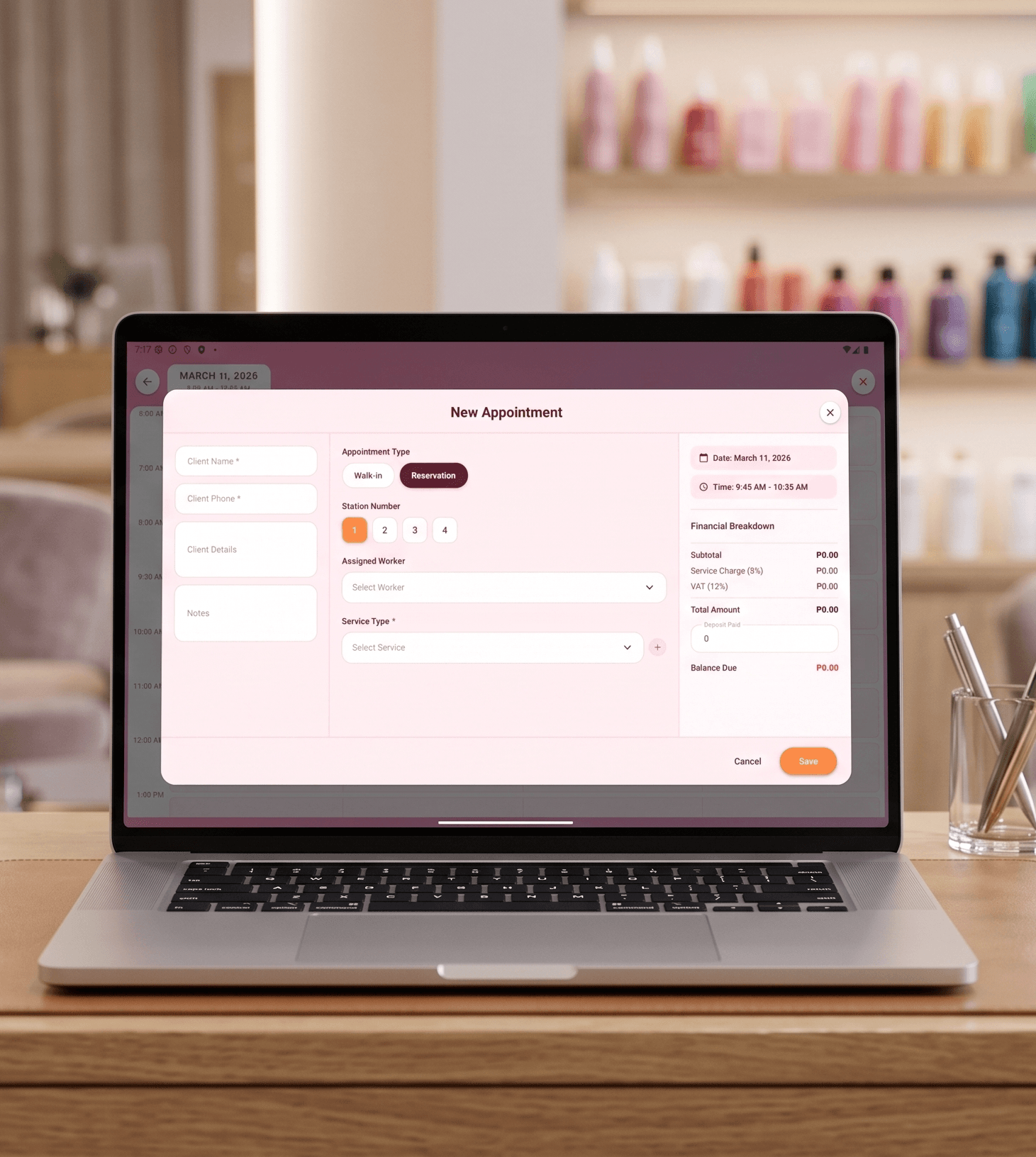 Salon Keeper appointment calendar and day view screens