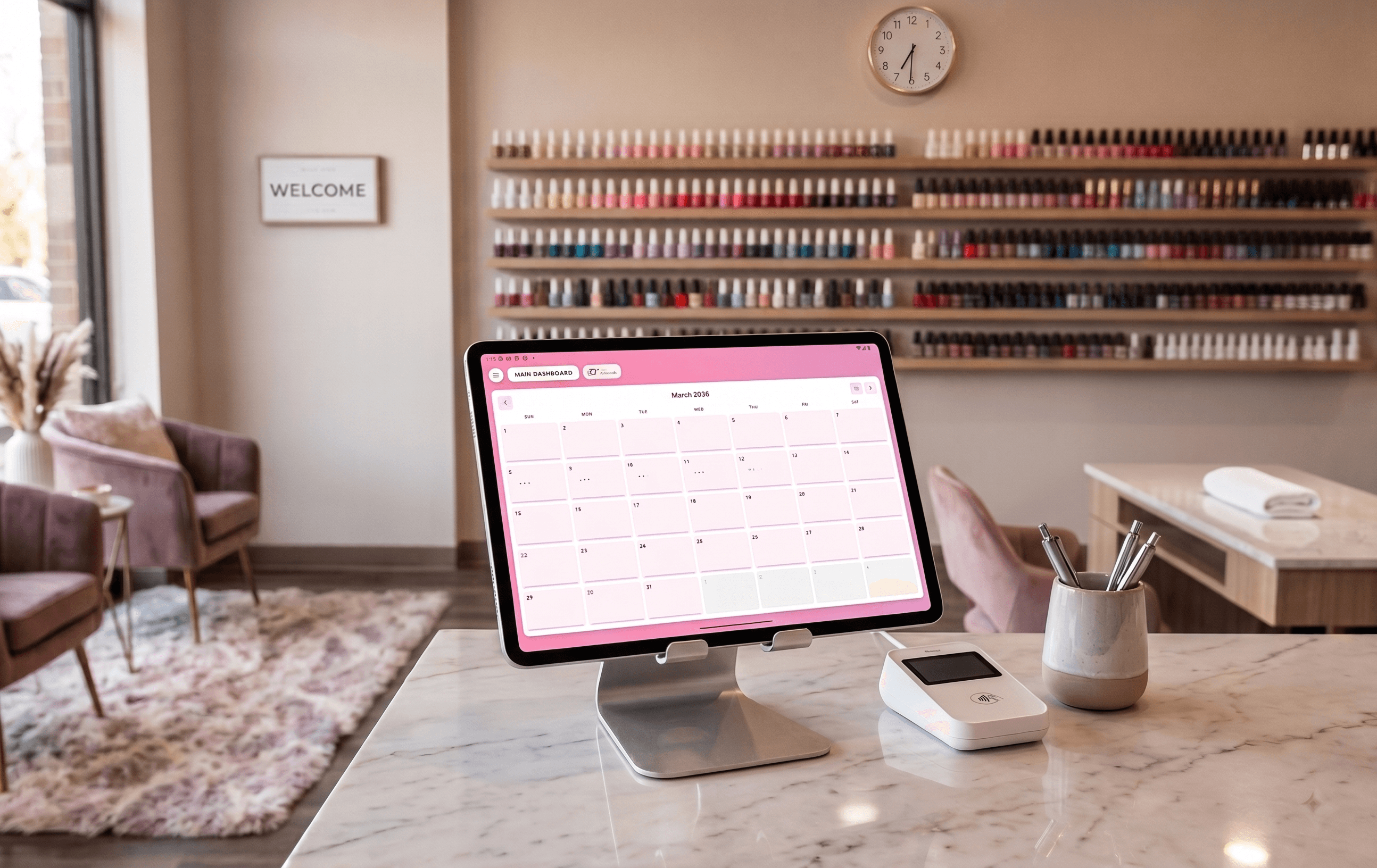Salon Keeper mobile app hero — appointment calendar and sales dashboard
