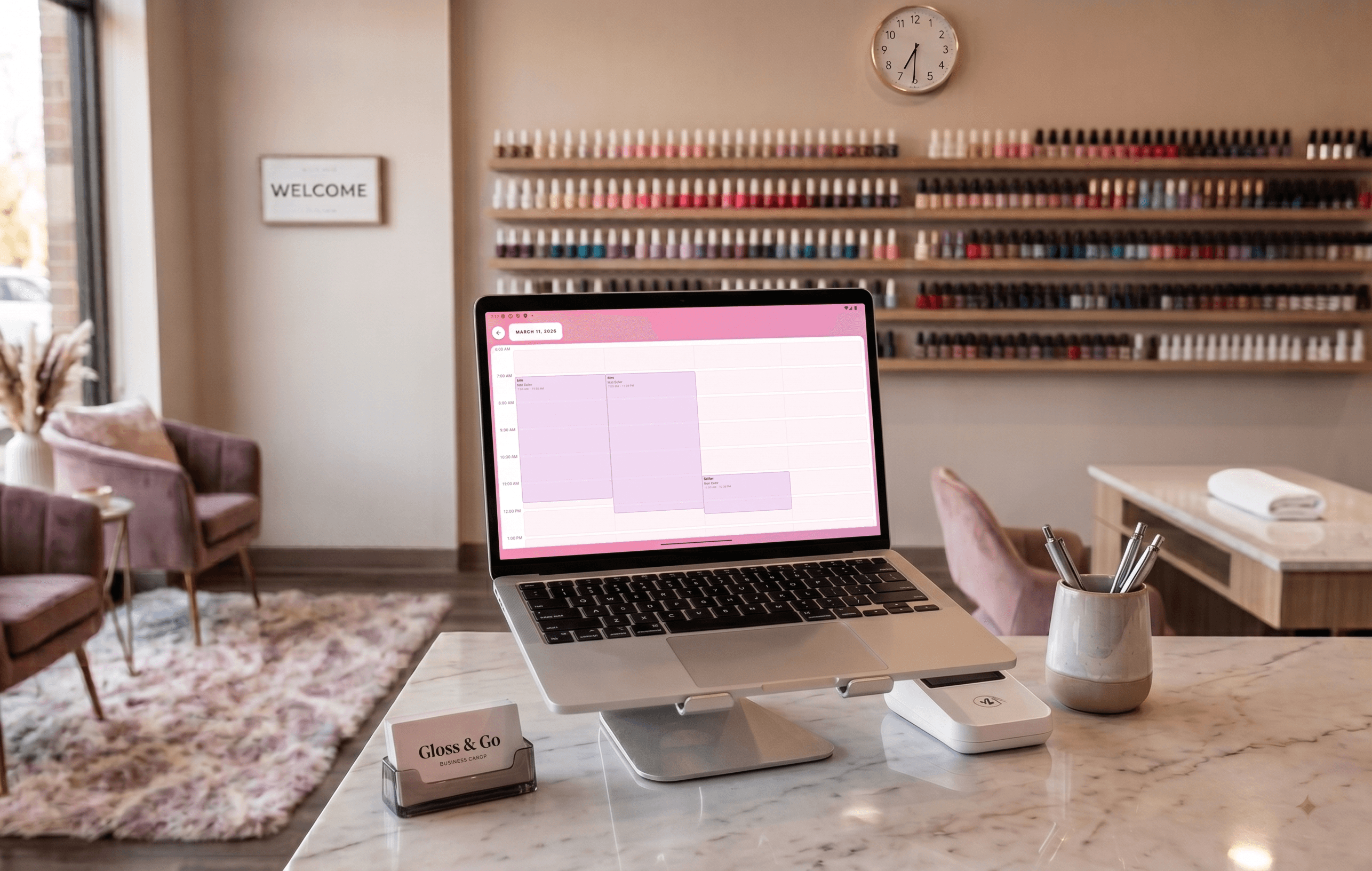Salon Keeper app overview — calendar, inventory, and sales screens